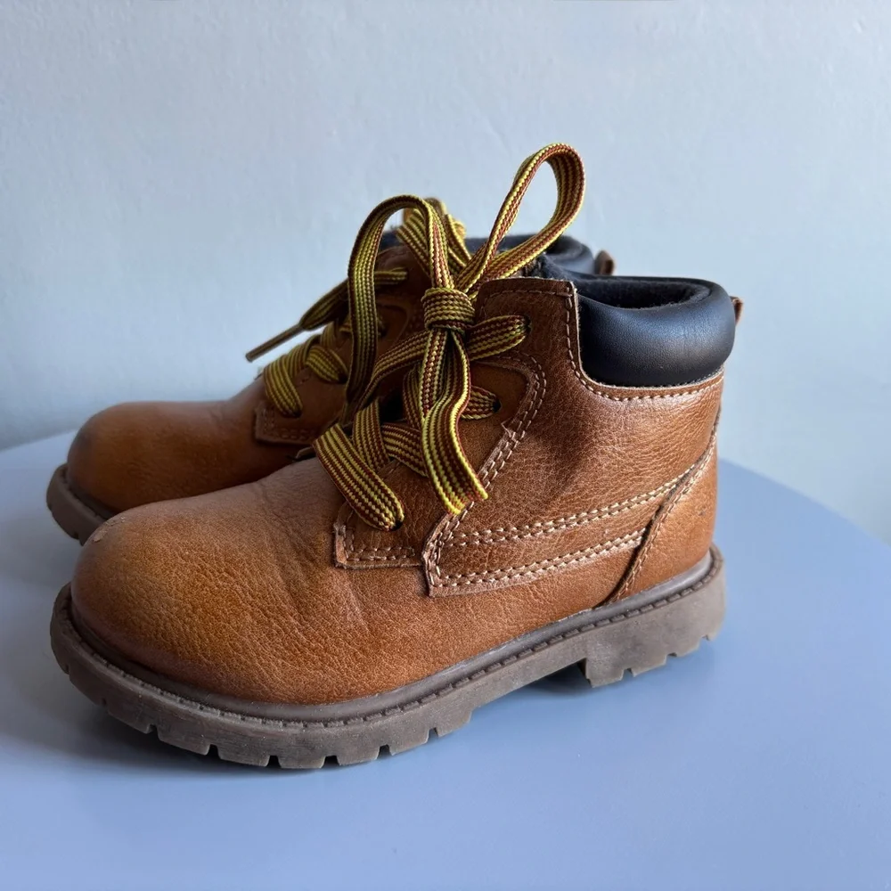 Brown Kids Work Boots with Yellow Laces, Size 10 Toddler